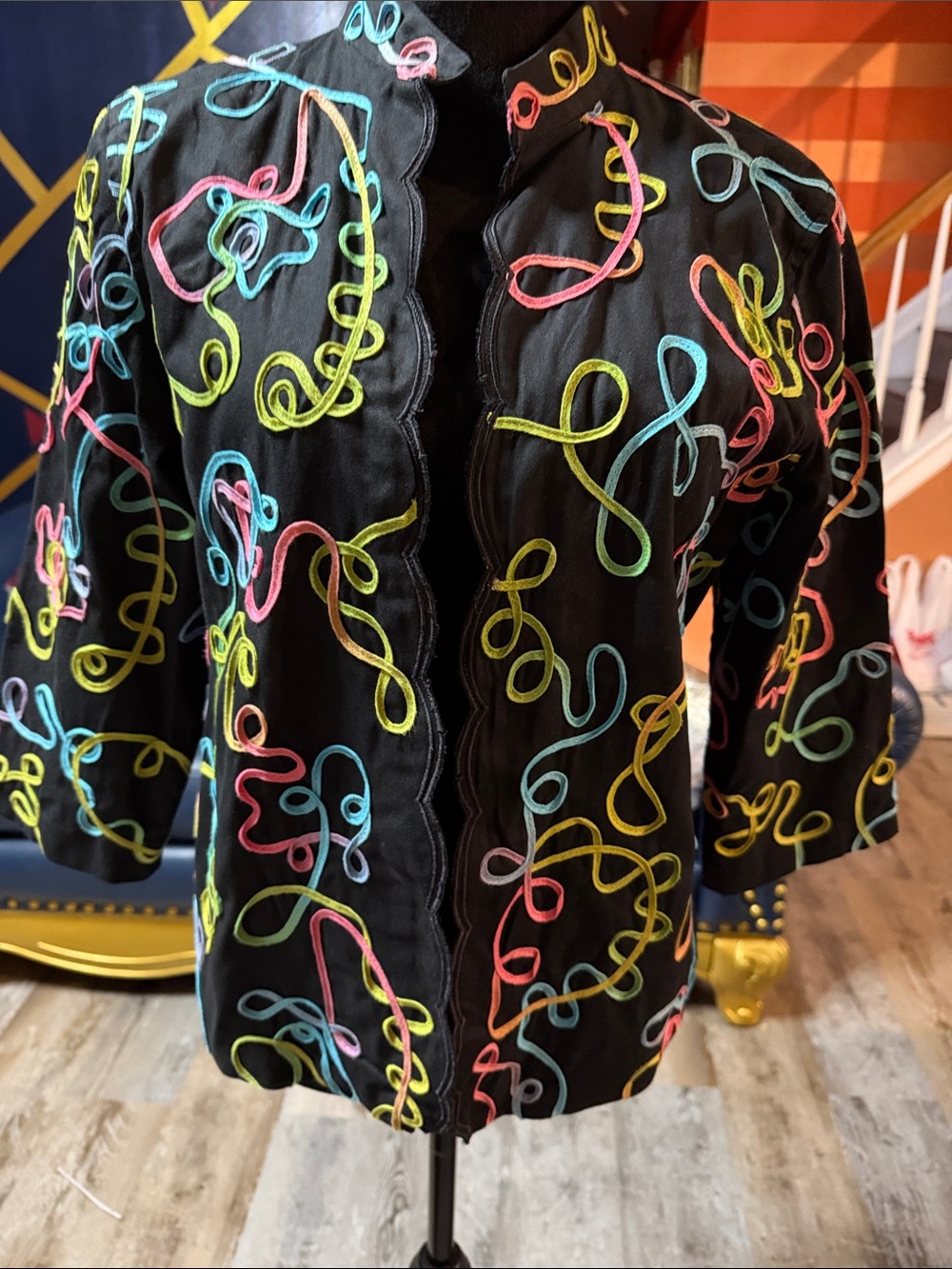 Choices Black Women's Embroidered Short Jacket with Multicolor Swirl Accents